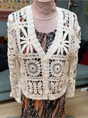 Solitaire Anthropologie Cream Crochet Granny Square Knit Cotton Cardigan S